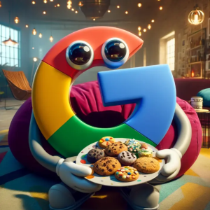Personaje animado representando a Google en un ambiente acogedor ofrece plato de galletas, aludiendo a la nueva ley de cookies 2024